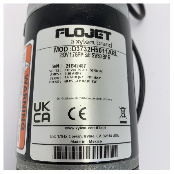 Pompe à eau douce Flojet MPU 230V E/S 2C SW60 6.1L/m 60 Psi - D3732H5011ARL 