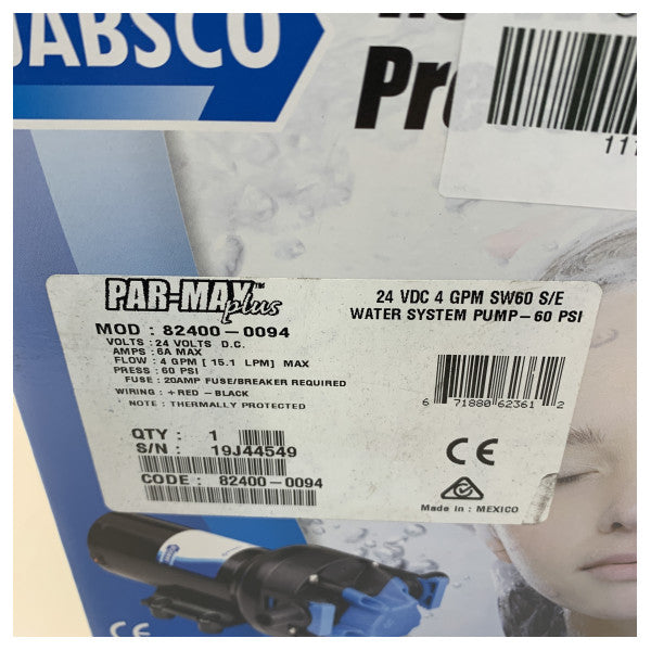 Jabsco 82400-0094 Par-Max 4.0 PLUS Fresh Water Pump 24V 60PSI - 15 lpm
