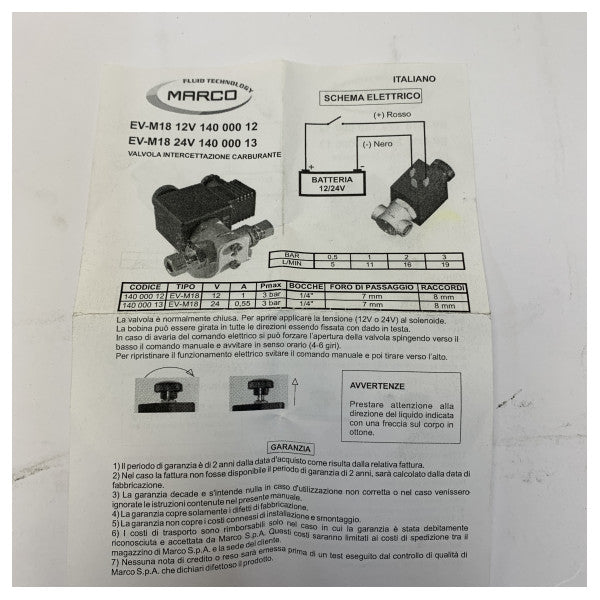 Kit de vanne solénoïde marine Marco 12V 1/4 pouce 8 mm certifié R.I.NA. - 11111-X51-140 