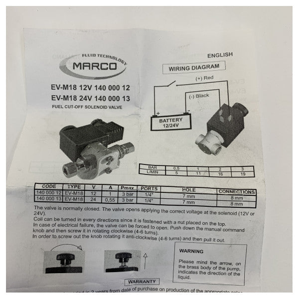 Válvula solenoide Marco Marine 24V 1/4 polegada 8 mm certificada R.I.NA. com conector DIN 