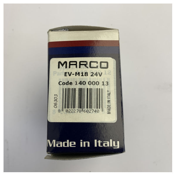 Válvula solenoide Marco Marine 24V 1/4 polegada 8 mm certificada R.I.NA. com conector DIN 