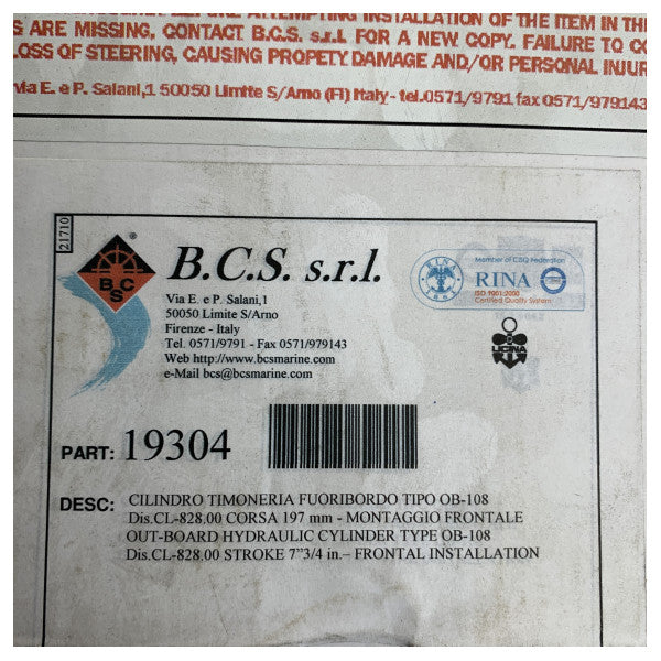 BCS OB-108 - Cilindro de direção hidráulica 19304 para motores de popa - 197 mm - 3500N 