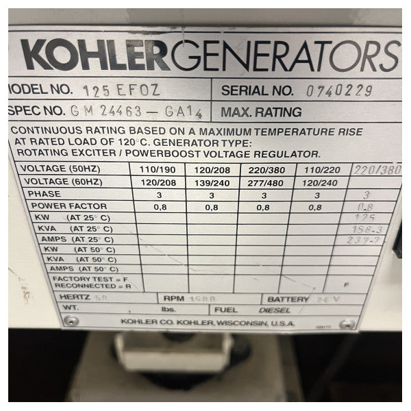 KÄYTETTÄVÄ Kohler 125EFOZ meridieselgeneraattori 1500 RPM | 125 kW | 50 Hz | 220/380V