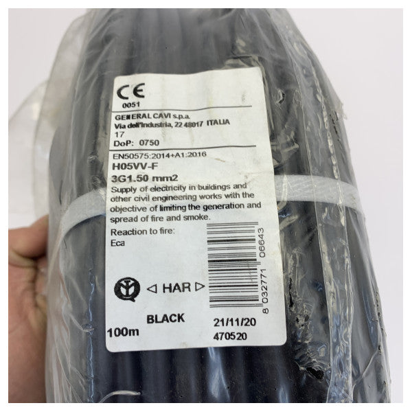 Cooselec H05VV-F 3G 1.5mm 100m Flexible Power Cable Black