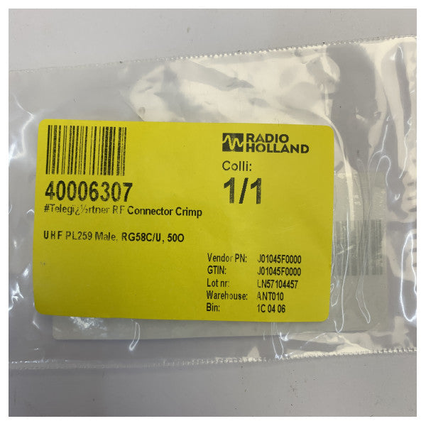 Conector RF macho Telegärtner UHF PL259 para cravar em cabo coaxial RG58 RG58C/U 50 Ohm 