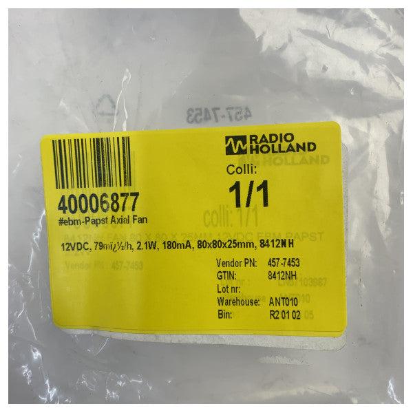Ebm-papst 8412NH Axial Fan 12VDC 80x80x25mm 79m³/h 2.1W