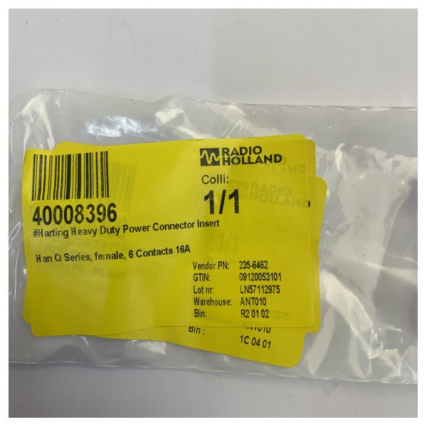 Harting Han Q Series hunstik indsats til heavy duty-strømkonnektor, 6-polet, 16A 250V 