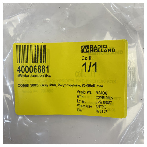 Wiska COMBI 308/5 -liitäntäkotelo IP66 vedenpitävä polypropeeni harmaa 85x85 mm 