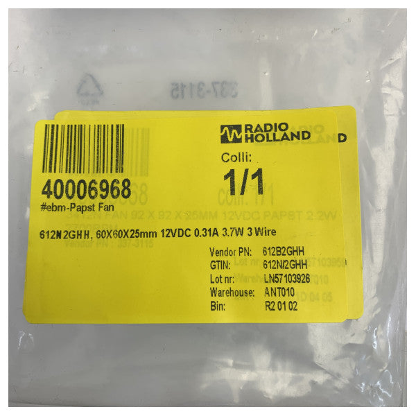 Ebm-papst 612N2GHH Axial Cooling Fan 12VDC 3.7W 60x60x25mm 3-Wire - New 