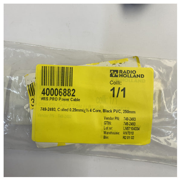RS PRO 749-2493 Coiled 4-Core Electrical Cable 0.25mm² Black PVC Power Lead 
