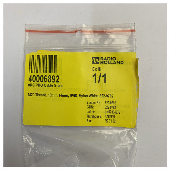 RS PRO M20 kaapeliläpivienti IP68 nailon valkoinen 10-14 mm - 822-9782 