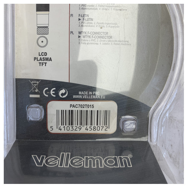 Velleman 1,5 m F-typ hane till hane koaxialkabel med guldpläterade kontakter PAC702T0 