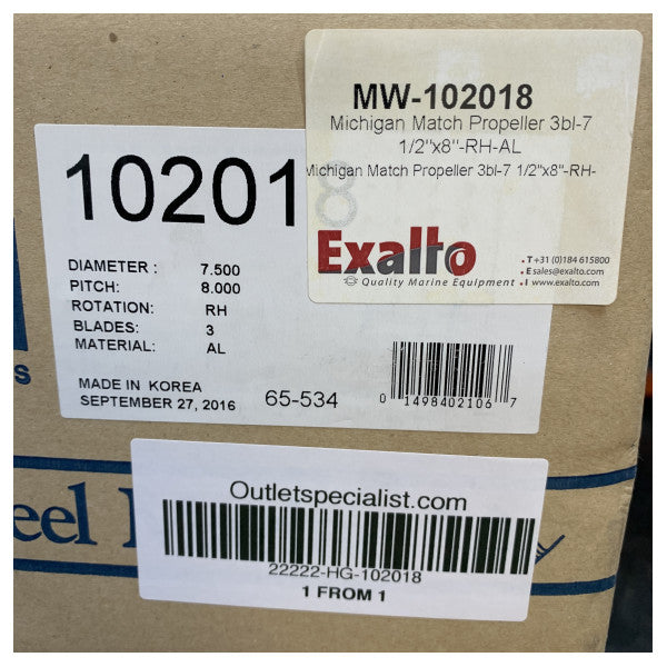 Michigan Match 3 kanatlı alüminyum pervane 7.5 x 8 RH - 102018 