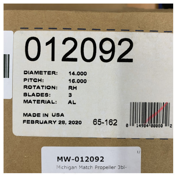 Michigan Match 3-bladet aluminiumsbådpropeller 14x16 RH 12092 