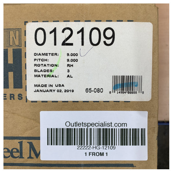 Michigan Match 3-Blade Aluminum Propeller 9 x 9 RH - 12109