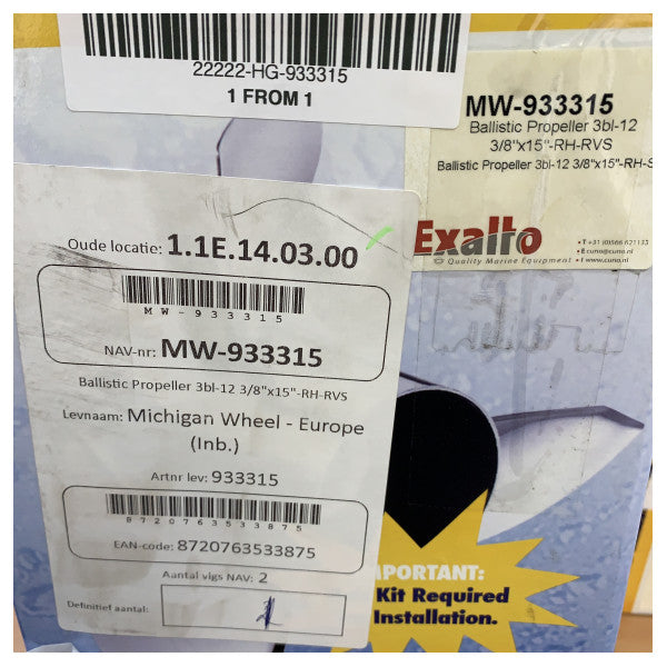 Michigan Ballistic 3-bladet rustfri stålbådpropel 12 3/8 x 15 RH - 93331 