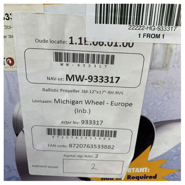 Michigan Ballistic 3 Kanatlı Paslanmaz Çelik Pervane 12 x 17 RH - 933317 