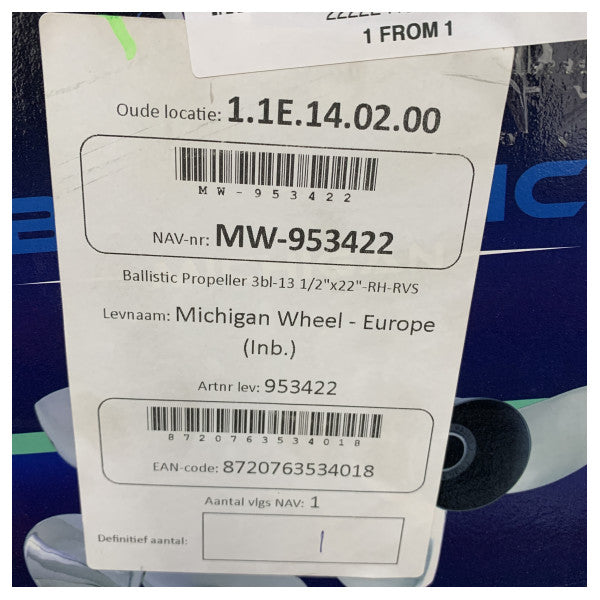 Michigan Ballistic 3-Paletli Paslanmaz Çelik Pervane 13 1/2 x 22 RH - 953422 