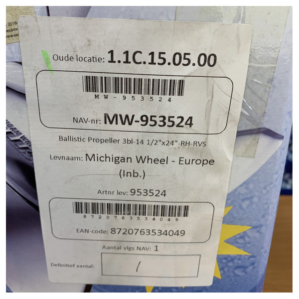 Michigan Ballistic 3 Pervaneli Paslanmaz Çelik Pervane 14 1/2 x 24 RH - 953524 
