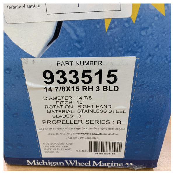 Michigan Ballistic 3-blads rustfri stålpropell 14 7/8 x 15 RH - 933515 