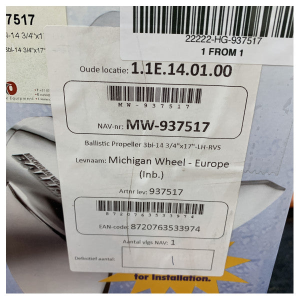 Michigan Ballistic 3 Kanatlı Paslanmaz Çelik Pervane 14 3/4 x 17 LH - 937517 