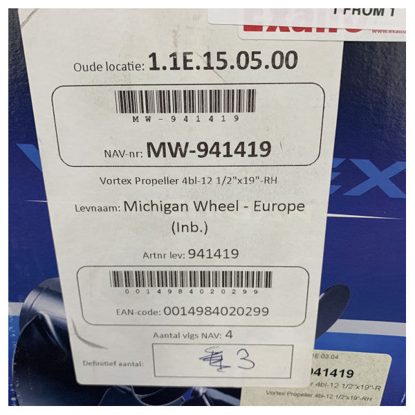 Hélice Michigan Vortex de 4 pás em alumínio 12 1/2 x 19 RH - 941419 