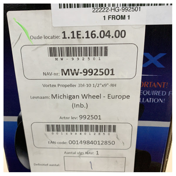Hélice de alumínio Michigan Vortex de 3 pás 10 1/2 x 9 RH - 992501 