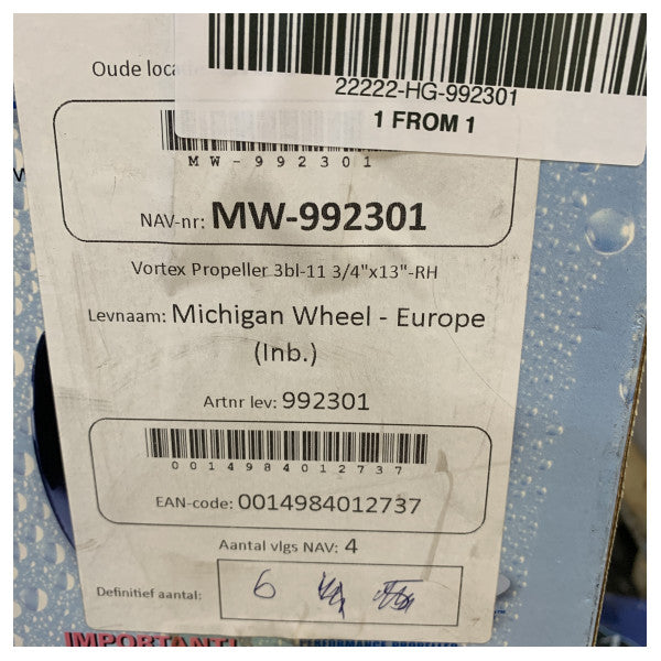 Hélice de aluminio de 3 palas Michigan Vortex 11 3/4 x 13 RH - 992301 