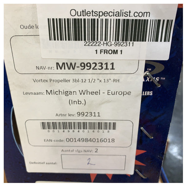 Michigan Vortex 3-Blade Aluminium Propeller 12-1/2 x 13 RH - 992311 