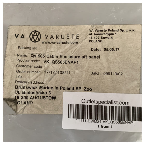 Quicksilver Activ 505 Cabin Enclosure kit Aft Panel - VK_QS505ENAP1 