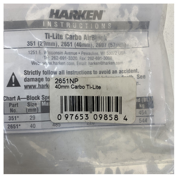 Блок Harken 40 мм Carbo Ti-Lite – високонавантажувальний яхтовий блок із м’яким кріпленням – 2651NP 