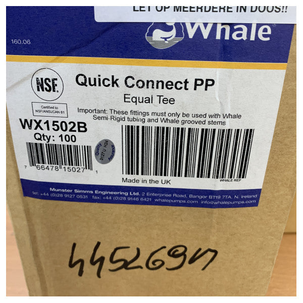 Whale WX1502B Quick Connect Equal Tee 15mm Plumbing Fitting for Marine & RV