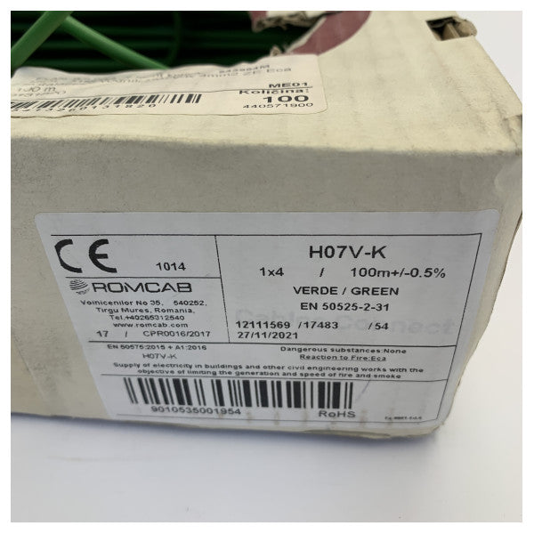 H07V-K 4mm2 Tek Damar Esnek Elektrik Kablosu - Yeşil 100m 