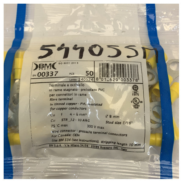 BM S.p.A. Insulated Ring Lug 4-6mm² M8 Yellow 50pcs 