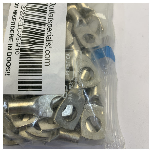 Terminal de Cabo Tubular em Cobre 25 mm2 M10 - Conector Elétrico de Grau Marinho 90 unid. 