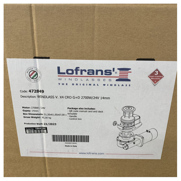 Lofrans Project X4 windlass 2700W 24V RH 14mm b'capstan 