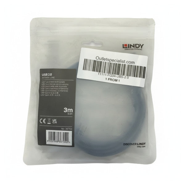 Cabo de extensão USB 2.0 de 3 m - macho para fêmea (M/F) - cabo extensor - preto 