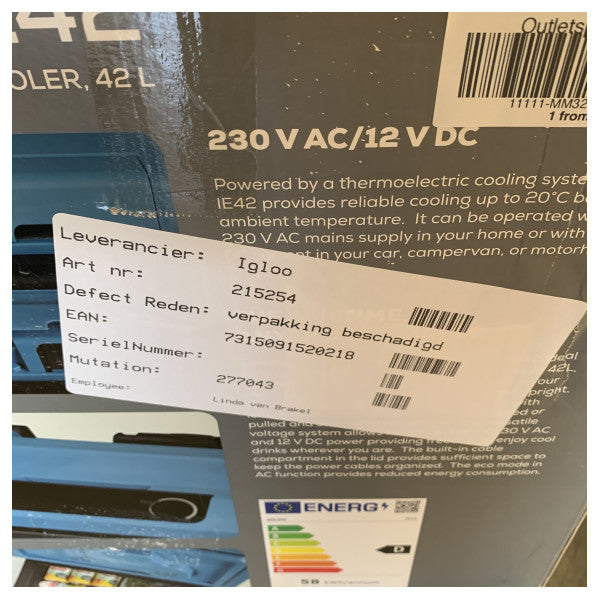 Igloo Θερμοηλεκτρικός Ψύκτης 42L - Φορητό Ηλεκτρικό Ψυγείο - 230V/12V - 9620013371 