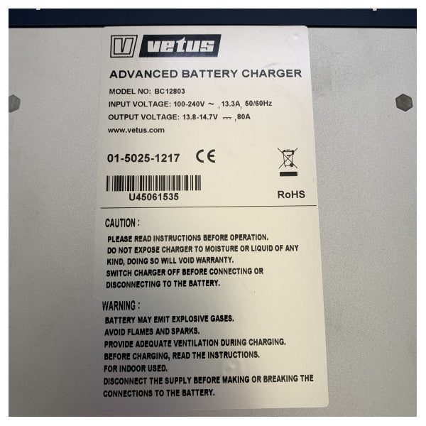 Vetus BC12803 12V - 80A 3-output automatic battery charger 