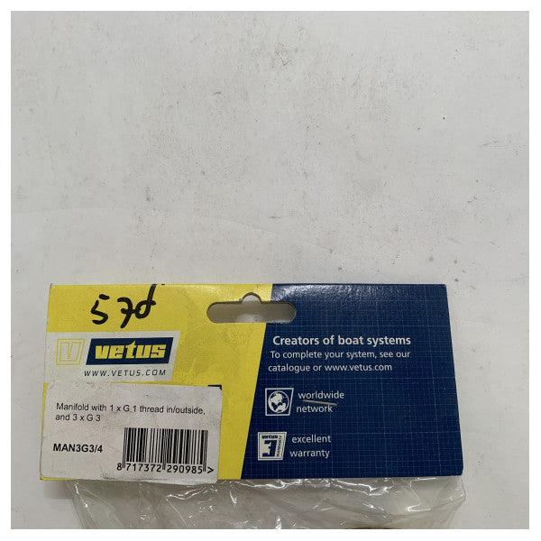 Vetus Brass Marine Manifold 1x G1 a 3x G3/4 para sistemas de agua y combustible - MAN3G3-4 