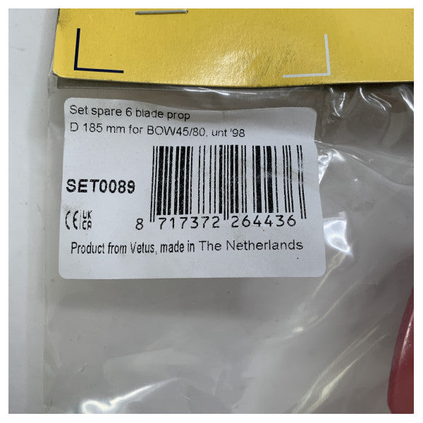 Hélice de propulsor de 6 palas Vetus SET0089 de 185 mm 