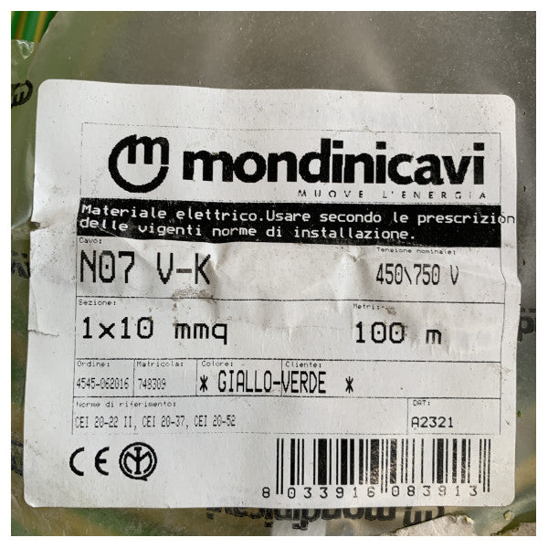 Mondinicavi 252401 1 x 10 mm2 καλώδιο γείωσης με προστασία από φλόγα 100M