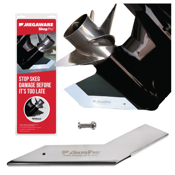 Megaware SkegPro stainless steel outboard engine skeg protector