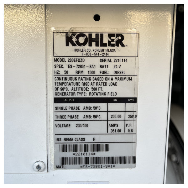 Nouveau générateur diesel marin Kohler 200 kW 1500 tr / min | 50 Hz | 250 kva