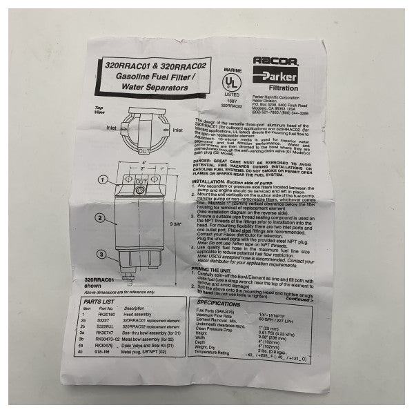 Parker Racor Marine Filtro separatore acqua-carburante FF/WS 320R-RAC-01 per motori fuoribordo