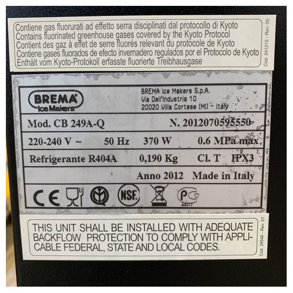 Brema CB-249 παγομηχανή από ανοξείδωτο χάλυβα 29KG/ημέρα - 230V