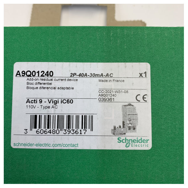 Disjoncteur différentiel Schneider Electric RCCB 2 pôles 40A 30mA Type AC 110V 
