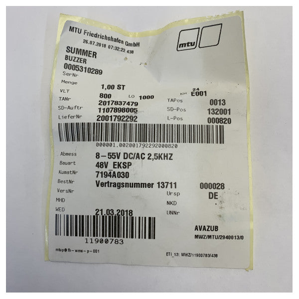 MTU 0005310289 Buzzer Lämplig för marina motorer 