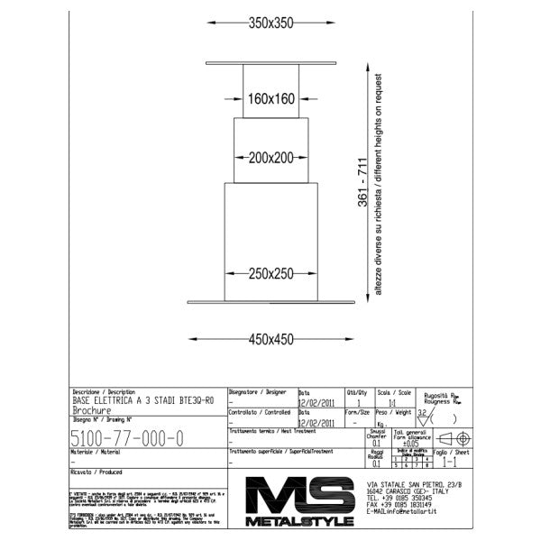 Support de table réglable électrique en acier inoxydable Metalstyle BTE3QI 24V.