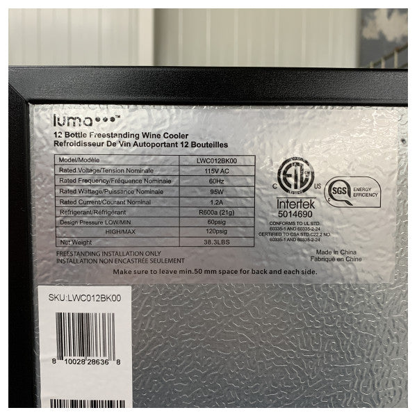 Luma Comfort 12 бутилки Вино Хладилник - PVZB 15-9CR 